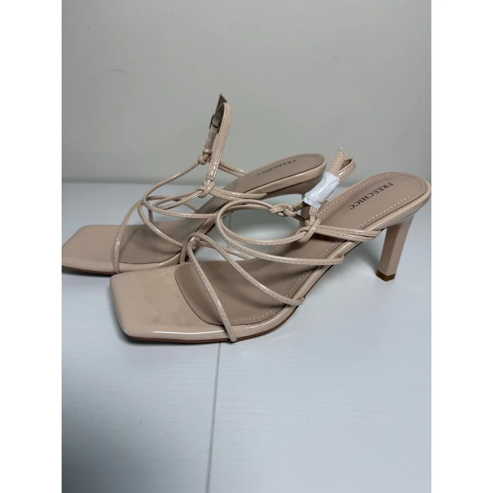 Freechicc Nude Beige Strappy Square Toe Heeled Sandals Size 9 Patent Knotted